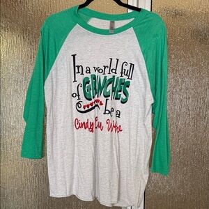 Women’s Green and White Graphic Raglan Tee with Christmas 🎄 Grinch Quote